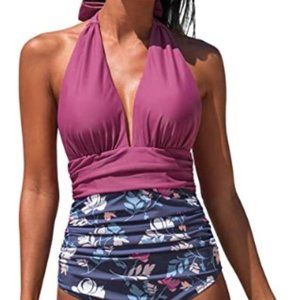 CUPSHE Women's One Piece Swimsuit Halter Plunge Neck Ruched Tummy Control NWT